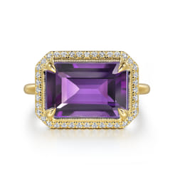 14K Yellow Gold Diamond and Amethyst Emerald Cut Ladies Ring with Flower Pattern Gallery