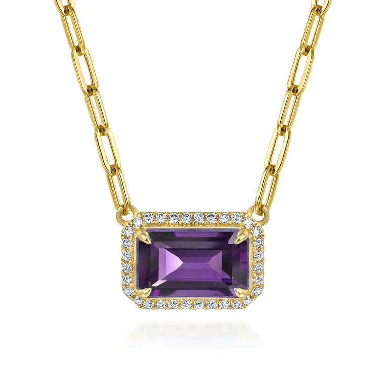 14K Yellow Gold Diamond and Amethyst Emerald Cut Necklace With Flower Pattern Gallery - 0.5 ct - Shot 1