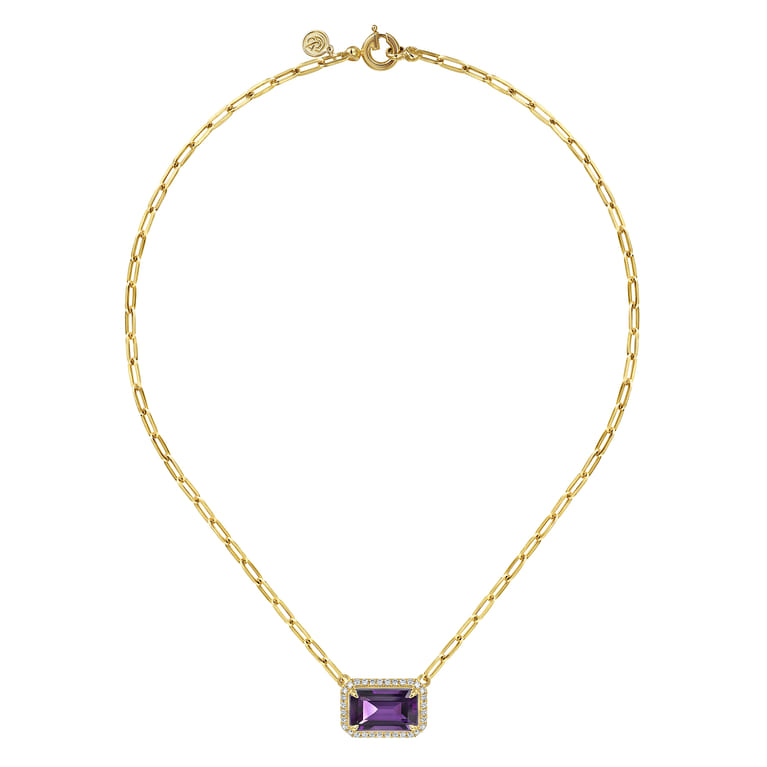 14K Yellow Gold Diamond and Amethyst Emerald Cut Necklace With Flower Pattern Gallery - 0.5 ct - Shot 2