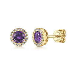 14K Yellow Gold Diamond and Amethyst Halo Stud Earrings