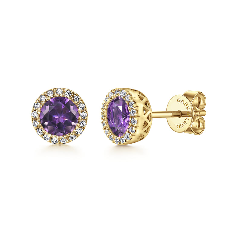 14K Yellow Gold Diamond and Amethyst Halo Stud Earrings - 0.1 ct - Shot 1