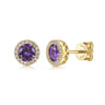 14K Yellow Gold Diamond and Amethyst Halo Stud Earrings - 0.1 ct