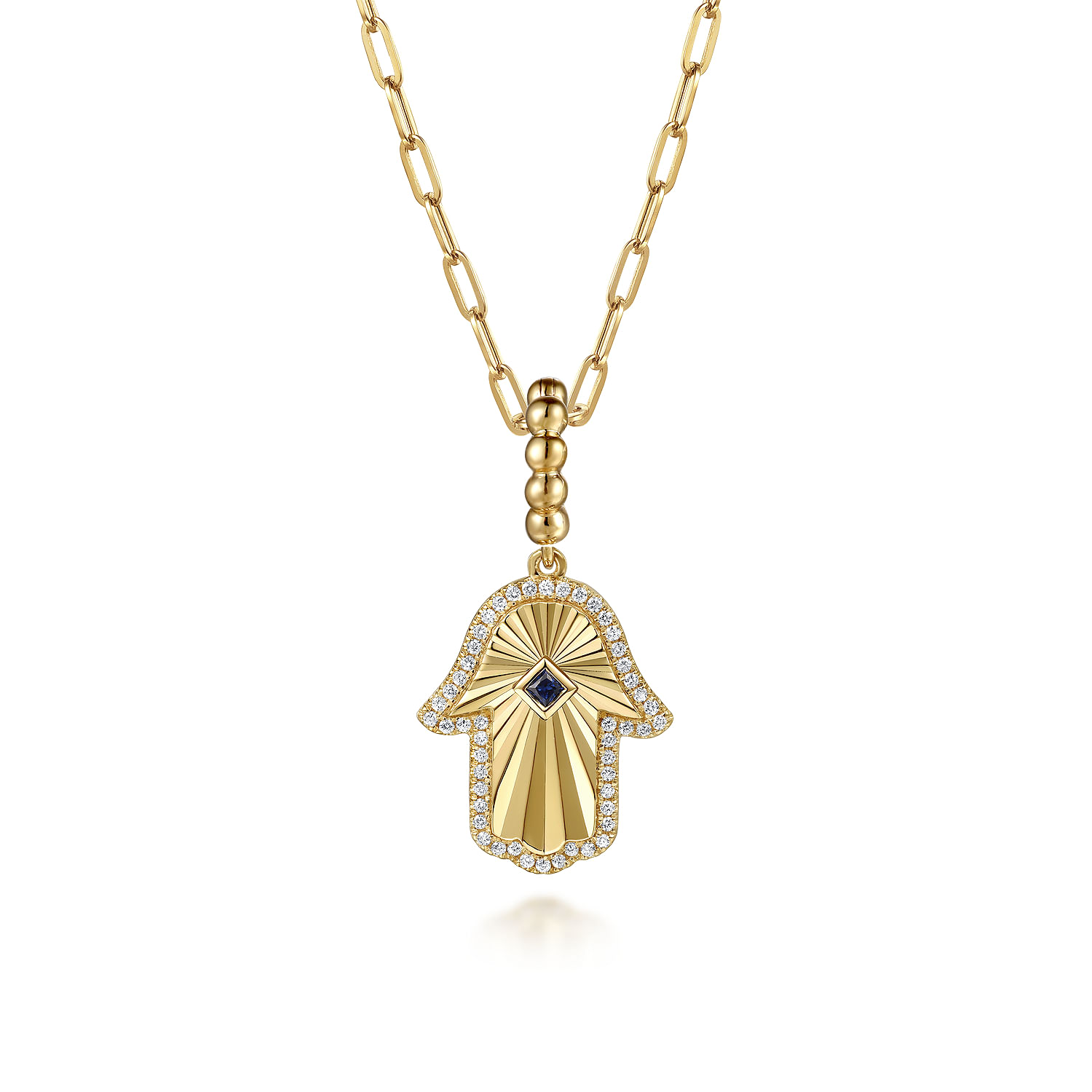14K Yellow Gold Diamond and Blue Sapphire Bujukan Hamsah Charms With Detachable Bail