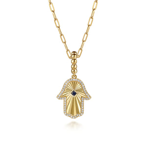 14K Yellow Gold Diamond and Blue Sapphire Bujukan Hamsah Charms With Detachable Bail