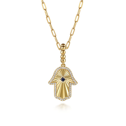 14K Yellow Gold Diamond and Blue Sapphire Bujukan Hamsah Charms With Detachable Bail