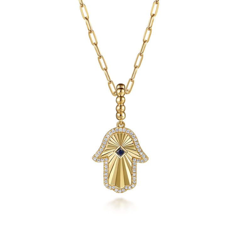 14K Yellow Gold Diamond and Blue Sapphire Bujukan Hamsah Charms With Detachable Bail - 0.15 ct - Shot 3