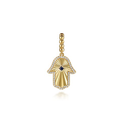 14K Yellow Gold Diamond and Blue Sapphire Bujukan Hamsah Charms with Detachable Bail