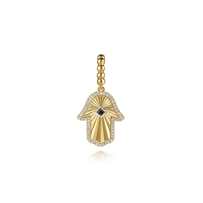 14K Yellow Gold Diamond and Blue Sapphire Bujukan Hamsah Charms with Detachable Bail