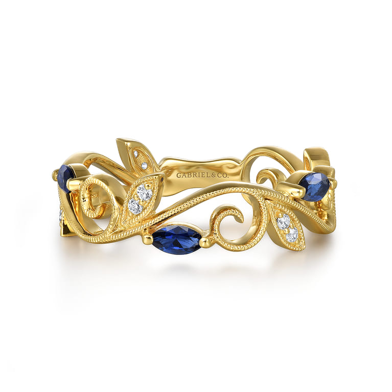 14K Yellow Gold Diamond and Blue Sapphire Filigree Pattern Stackable Ladies Ring - 0.06 ct - Shot 1