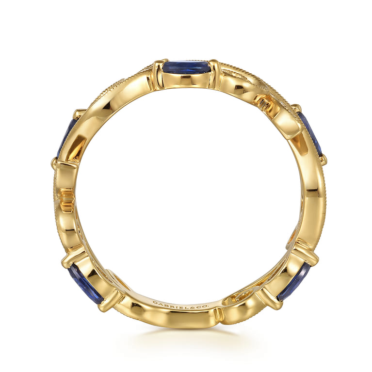 14K Yellow Gold Diamond and Blue Sapphire Filigree Pattern Stackable Ladies Ring - 0.06 ct - Shot 2