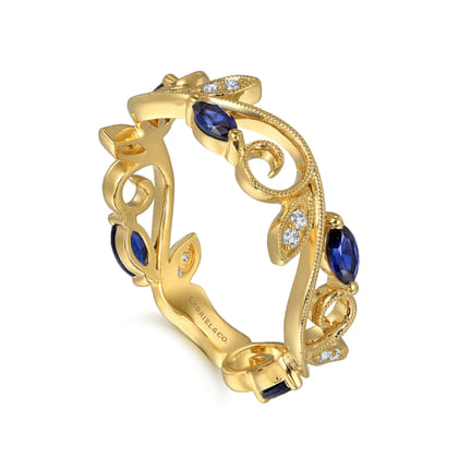 14K Yellow Gold Diamond and Blue Sapphire Filigree Pattern Stackable Ladies Ring