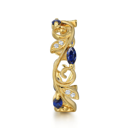 14K Yellow Gold Diamond and Blue Sapphire Filigree Pattern Stackable Ladies Ring
