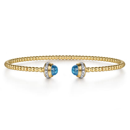 14K Yellow Gold Diamond and Blue Topaz Bujukan Open Bangle