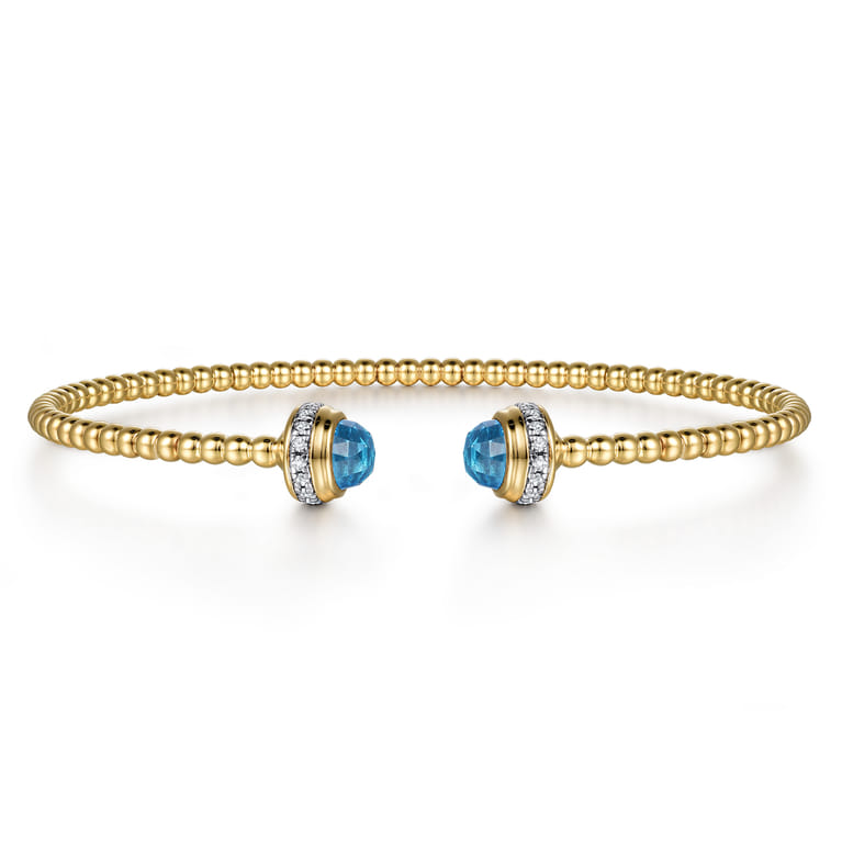 14K Yellow Gold Diamond and Blue Topaz Bujukan Open Bangle - 0.18 ct - Shot 1