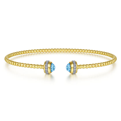14K Yellow Gold Diamond and Blue Topaz Bujukan Open Bangle