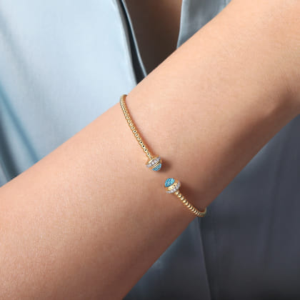 14K Yellow Gold Diamond and Blue Topaz Bujukan Open Bangle