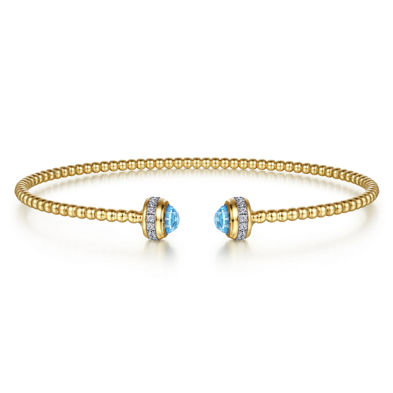 14K Yellow Gold Diamond and Blue Topaz Bujukan Open Bangle - 0.18 ct - Shot 1