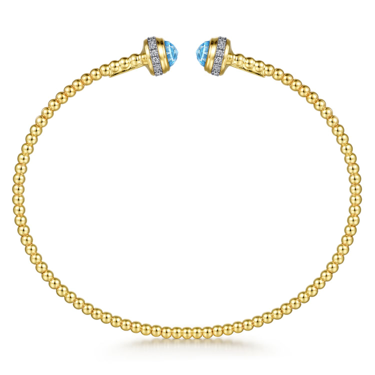 14K Yellow Gold Diamond and Blue Topaz Bujukan Open Bangle
