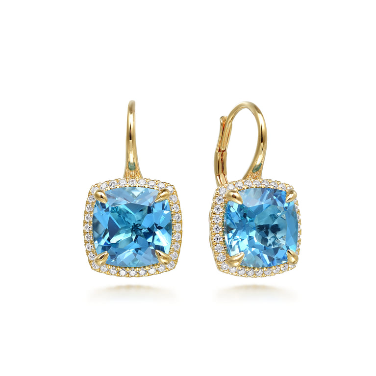 14K Yellow Gold Diamond and Blue Topaz Cushion Cut Earrings With Flower Pattern J-Back - 0.5 ct - Shot 1