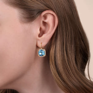 14K Yellow Gold Diamond and Blue Topaz Cushion Cut Earrings With Flower Pattern J-Back