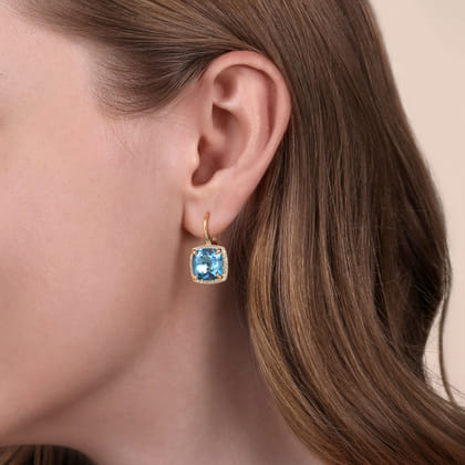 14K Yellow Gold Diamond and Blue Topaz Cushion Cut Earrings With Flower Pattern J-Back