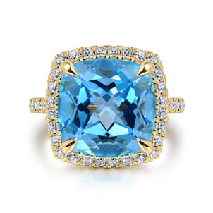 14K Yellow Gold Diamond and Blue Topaz Cushion Cut Ladies Ring With Flower Pattern Gallery