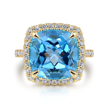 14K Yellow Gold Diamond and Blue Topaz Cushion Cut Ladies Ring With Flower Pattern Gallery