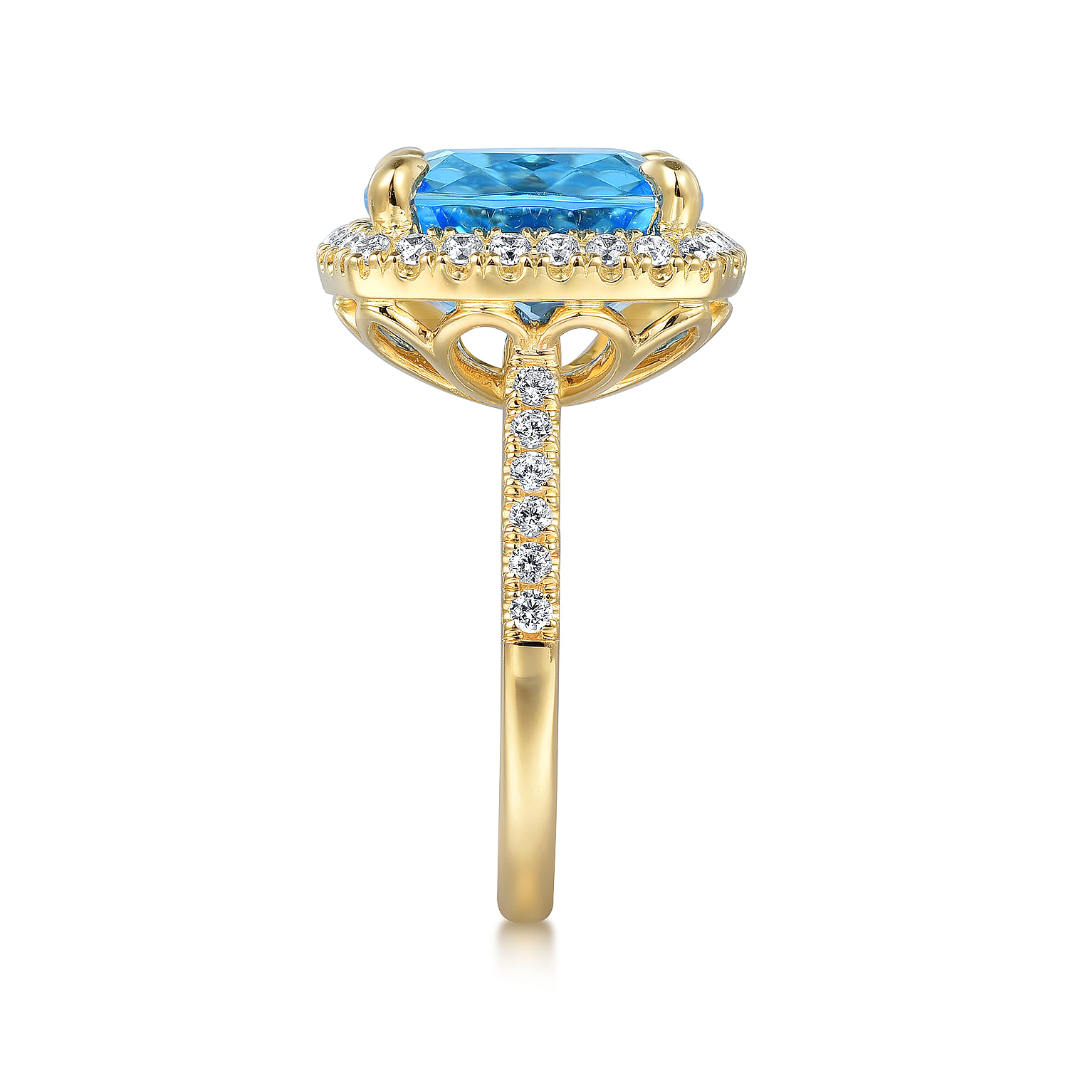 14K Yellow Gold Diamond and Blue Topaz Cushion Cut Ladies Ring With Flower Pattern Gallery