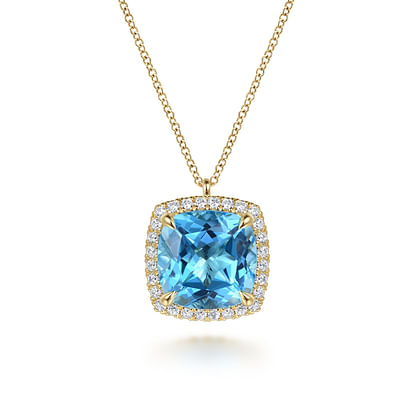 14K Yellow Gold Diamond and Blue Topaz Cushion Cut Necklace With Flower Pattern J-Back