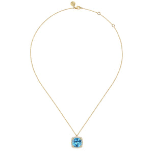 14K Yellow Gold Diamond and Blue Topaz Cushion Cut Necklace With Flower Pattern J-Back