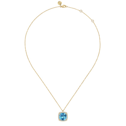 14K Yellow Gold Diamond and Blue Topaz Cushion Cut Necklace With Flower Pattern J-Back