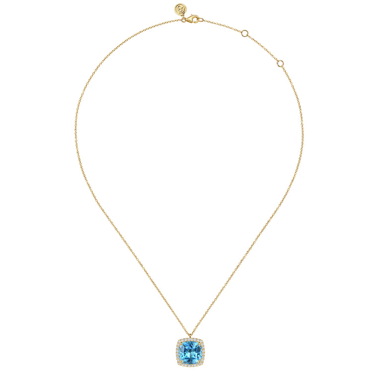 14K Yellow Gold Diamond and Blue Topaz Cushion Cut Necklace With Flower Pattern J-Back - 0.42 ct - Shot 2