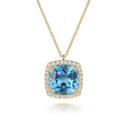 14K Yellow Gold Diamond and Blue Topaz Cushion Cut Necklace with Flower Pattern J-Back