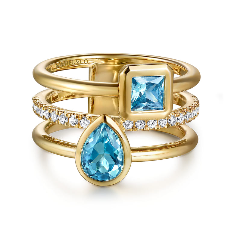 14K Yellow Gold Diamond and Blue Topaz Easy Stackable Ring - 0.2 ct - Shot 1