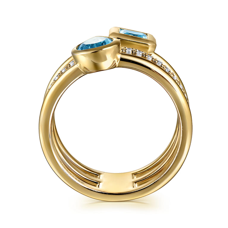 14K Yellow Gold Diamond and Blue Topaz Easy Stackable Ring - 0.2 ct - Shot 2