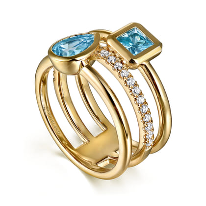14K Yellow Gold Diamond and Blue Topaz Easy Stackable Ring