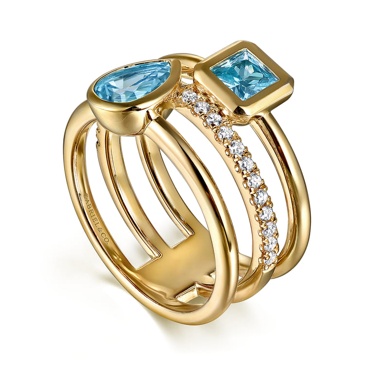 14K Yellow Gold Diamond and Blue Topaz Easy Stackable Ring - 0.2 ct - Shot 3