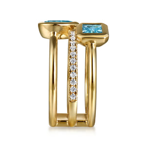 14K Yellow Gold Diamond and Blue Topaz Easy Stackable Ring