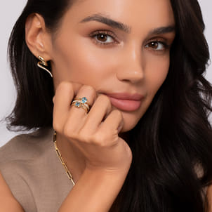 14K Yellow Gold Diamond and Blue Topaz Easy Stackable Ring