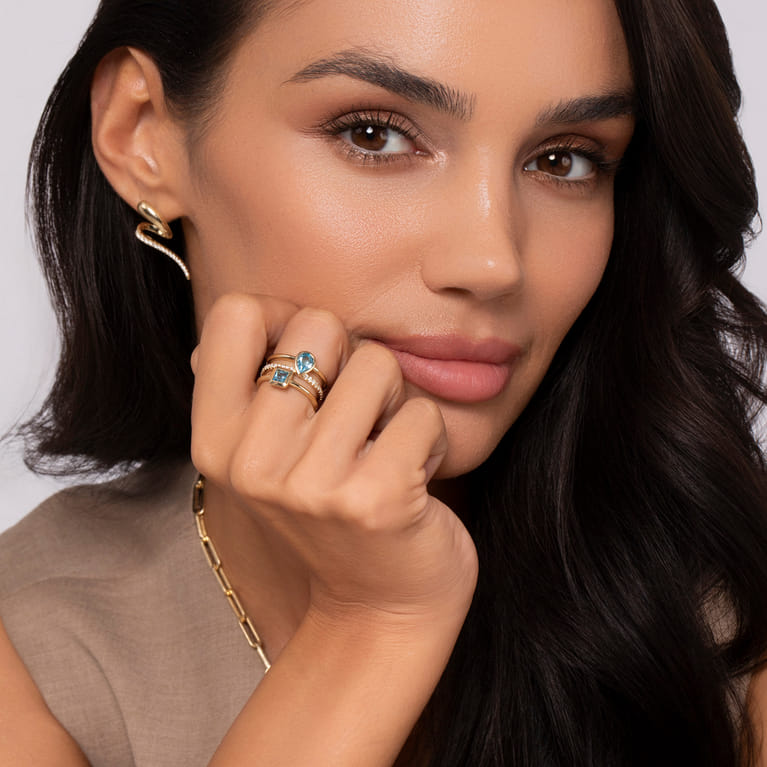 14K Yellow Gold Diamond and Blue Topaz Easy Stackable Ring - 0.2 ct - Shot 6