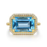 14K Yellow Gold Diamond and Blue Topaz Emerald Cut Ladies Ring With Flower Pattern Gallery - 0.2 ct