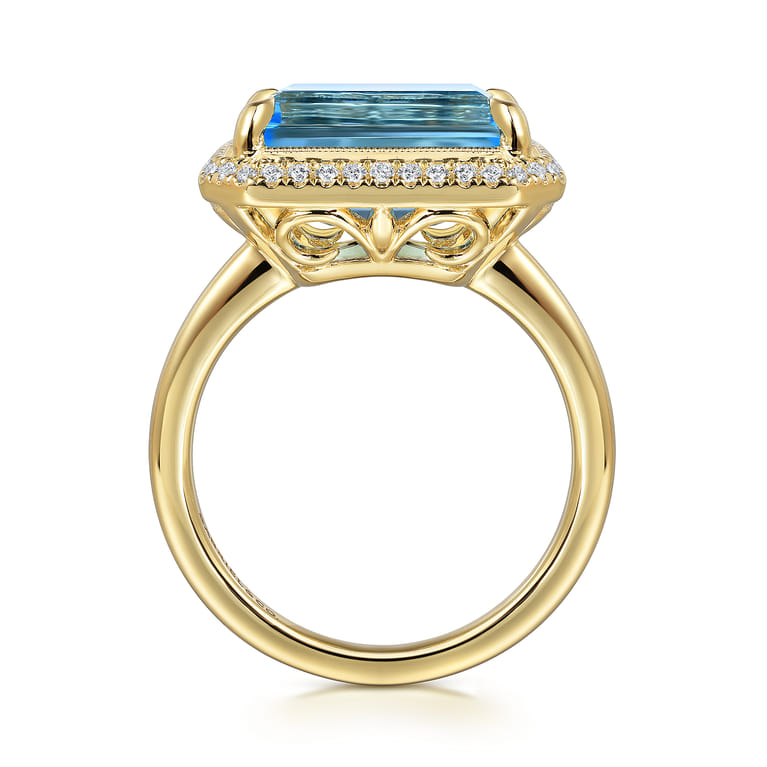 14K Yellow Gold Diamond and Blue Topaz Emerald Cut Ladies Ring With Flower Pattern Gallery - 0.2 ct - Shot 2