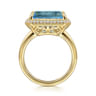 14K Yellow Gold Diamond and Blue Topaz Emerald Cut Ladies Ring With Flower Pattern Gallery - 0.2 ct