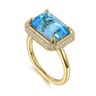 14K Yellow Gold Diamond and Blue Topaz Emerald Cut Ladies Ring With Flower Pattern Gallery - 0.2 ct