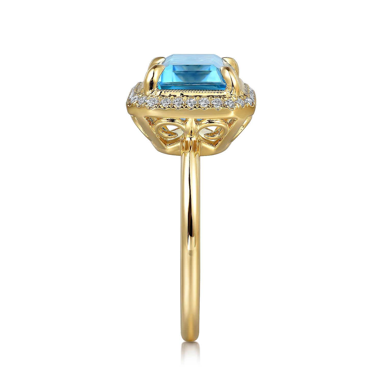 14K Yellow Gold Diamond and Blue Topaz Emerald Cut Ladies Ring With ...