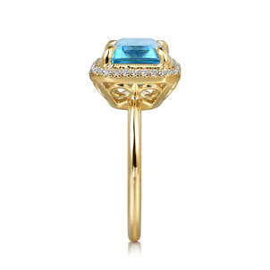 14K Yellow Gold Diamond and Blue Topaz Emerald Cut Ladies Ring With Flower Pattern Gallery