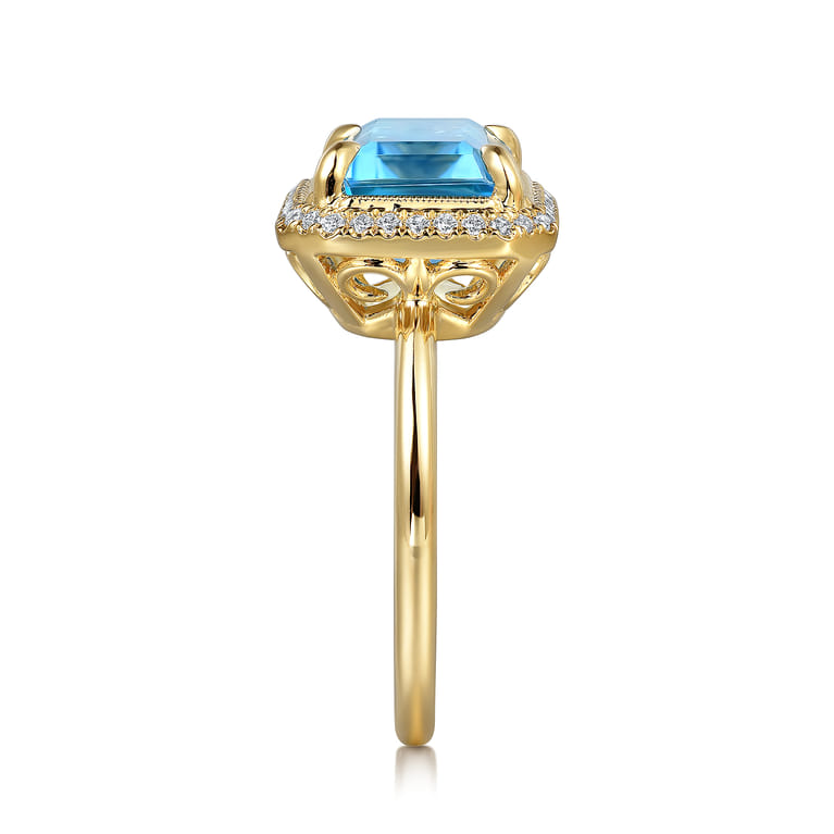14K Yellow Gold Diamond and Blue Topaz Emerald Cut Ladies Ring With Flower Pattern Gallery - 0.2 ct - Shot 4