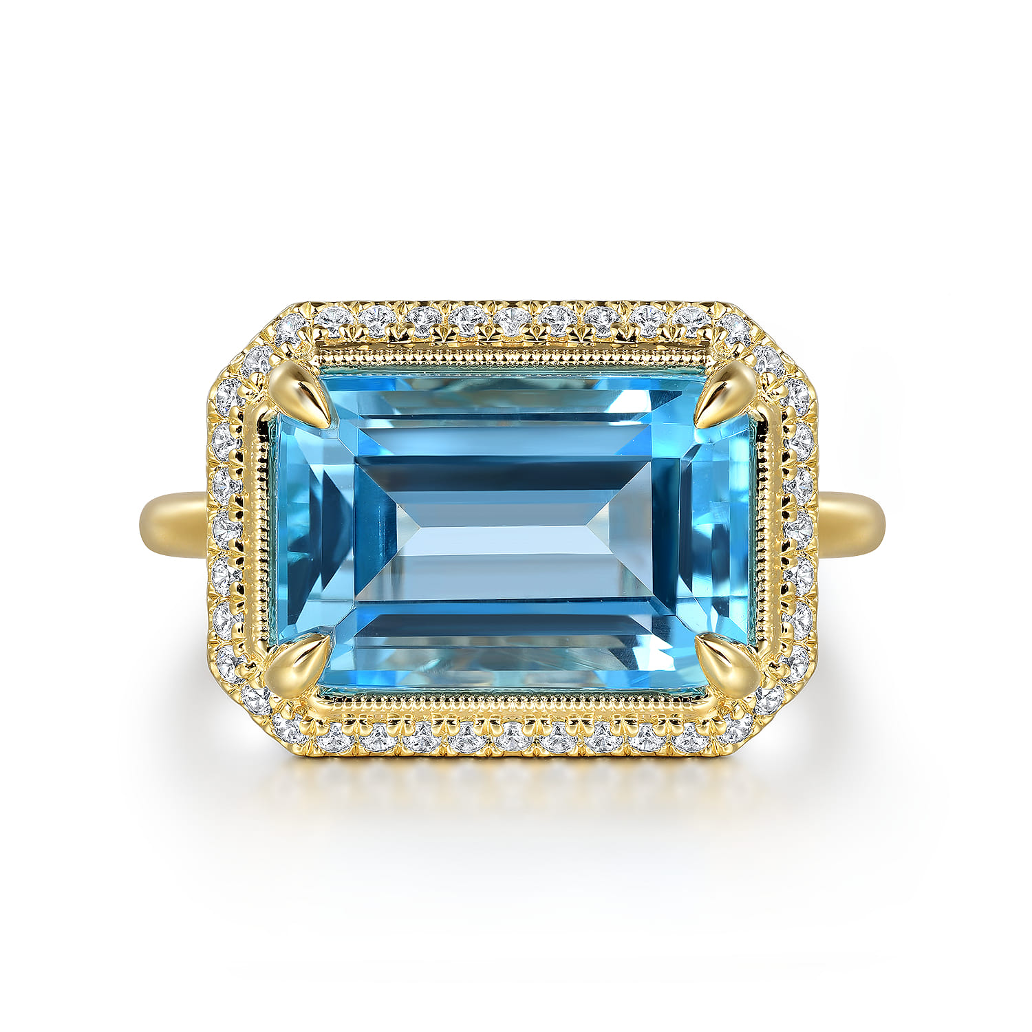 14K Yellow Gold Diamond and Blue Topaz Emerald Cut Ladies Ring with Flower Pattern Gallery - 0.2 ct - Shot 1