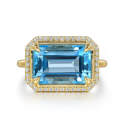 14K Yellow Gold Diamond and Blue Topaz Emerald Cut Ladies Ring with Flower Pattern Gallery