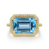 14K Yellow Gold Diamond and Blue Topaz Emerald Cut Ladies Ring with Flower Pattern Gallery - 0.2 ct